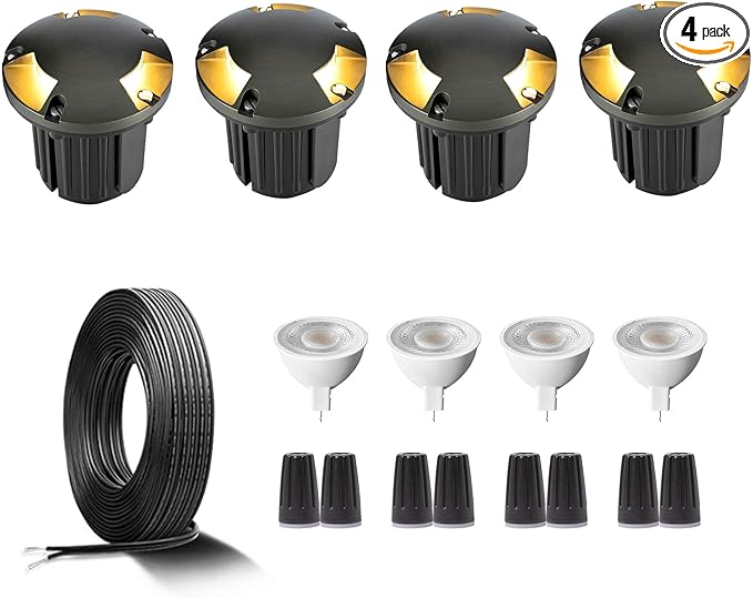 Gardenreet Landscape Well Lights Brass Kit(4 Pack) with MR16 Bulb & 100Feet Wire & Connectors, 12V AC/DC LED In Ground Landscape Lighting for Outdoor Yard Garden Path(3 Way Turret)
