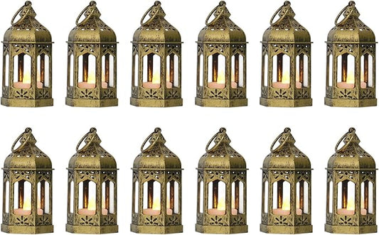 LLQ 12Pcs 5-Inch Ramadan Mini Lanterns - Ramadan & Eid Mubarak Decorations - Vintage Table Centerpieces for Wedding&Christmas Decor - LED Flickering Lantern Light for Hang Ornaments(Brushed Brass)