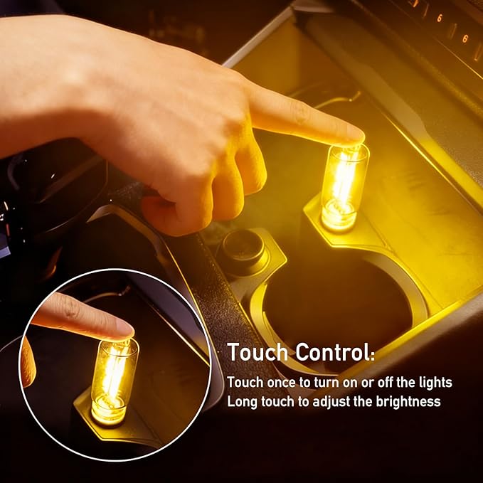 2 PCS USB Car Lights, Touch Dimmable Retro Mini Glass Bottle LED Ambient Night Light for Vehicle Interior, Bedroom, Hallway, Camping, Holiday and Party Decoration (Yellow)