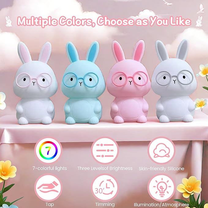 Bunny Night Light for Kids, Soft Silicone Nursery Lamp, 7-Color Glow, 3-Level Dimmable Warm Light, Tap Control, 30Min Timer, Rechargeable, BPA-Free, Easter & Birthday Gift, Baby Room Decor, Gray