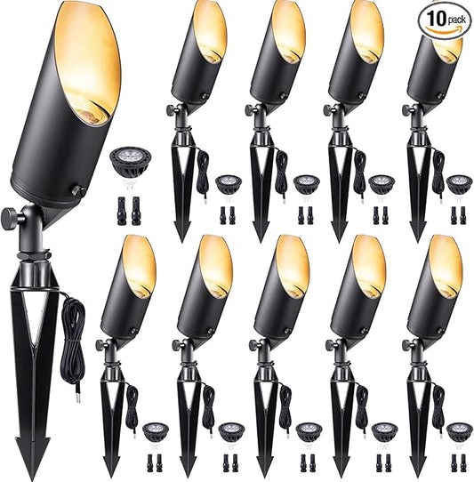 Gardenreet Low Voltage Spotlight - Outdoor Light Fixture 12V AC/DC, Brass Landscape Lights LED Hardwired, Weather Proof Black for Flag Wreath with Neutral White MR16 Removable Bulbs (10 Pack)