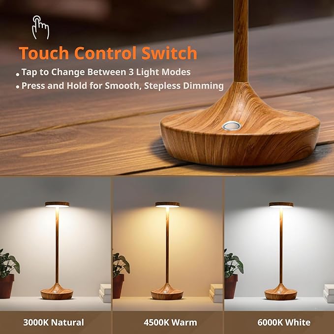 Cordless Table Lamp Rechargeable - 6000mAh LED Battery Operated Table Light - Portable Touch Dimmable Outdoor Waterproof Table Lamps for Patio Bar Restaurant Dining (Bamboo Pattern)