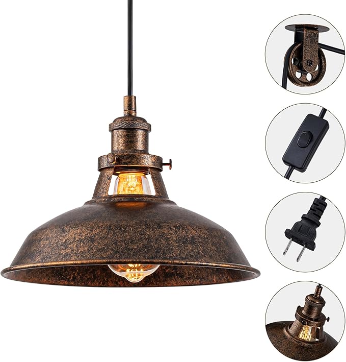 Plug-in Pendant Light with 16FT Cord, Industrial Metal Hanging Lamp with On/Off Switch, Hanging Lights with Plug in Cord for Living Room, Kitchen, Dining Room, Bedroom