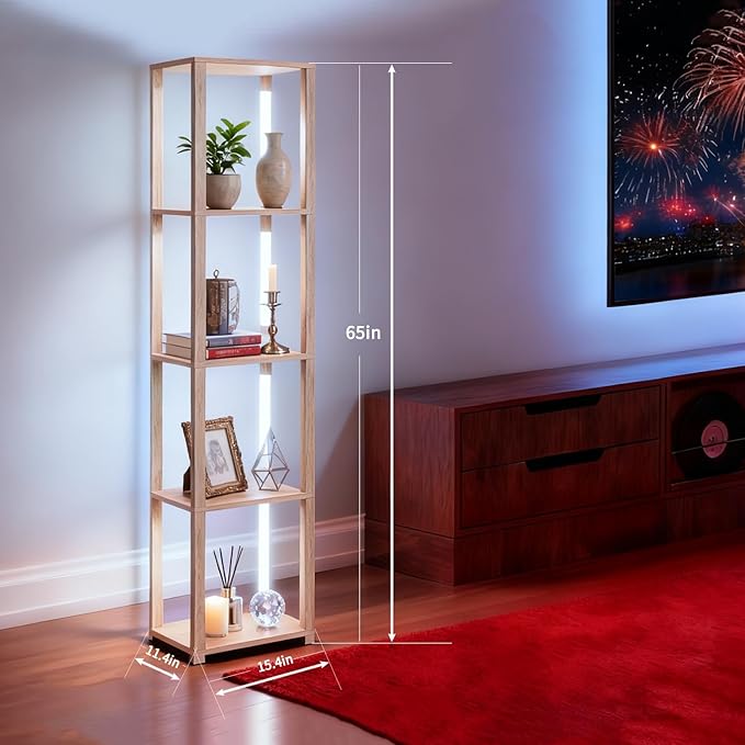RGBCW Floor Lamp with Shelves, Smart Modern Floor Lamp with Music Sync, LED Color Changing Corner Display Shelf Lamp, Tall Lamps for Living Room and Bedroom, Bookshelf Lamp
