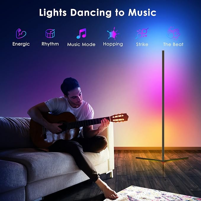 RGB Corner Floor Lamp, Easter Floor Lamp RGBIC Color Changing Corner Lamp LED Modern Floor Lights with Bluetooth APP and Remote Control Music Sync, 65" RGB Mood Lighting 24H Timing 398+ DIY Modes