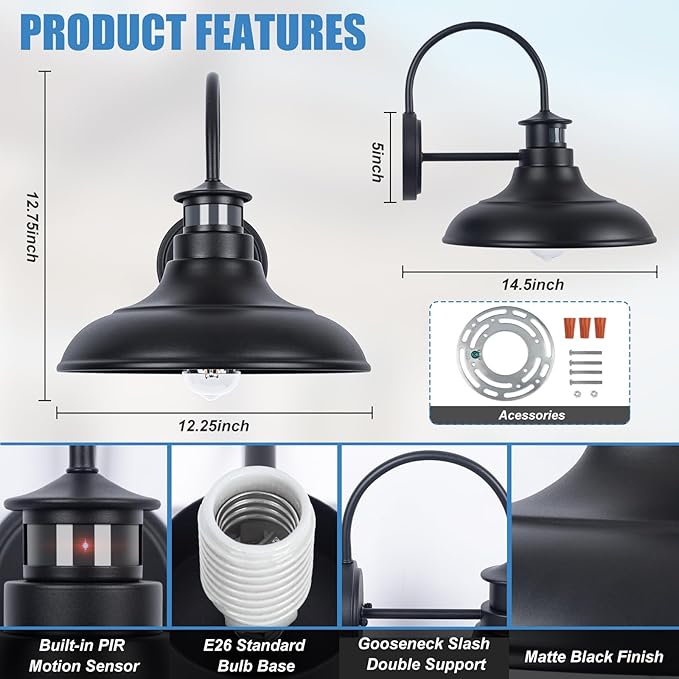 Motion Sensor Outdoor Barn Lights - Dusk to Dawn Farmhouse Gooseneck Barn Light, 12" Large Black Porch Light Fixture Wall Mount, Exterior Wall Lighting Fixture for Garage Patio Doorway, 1 Pack