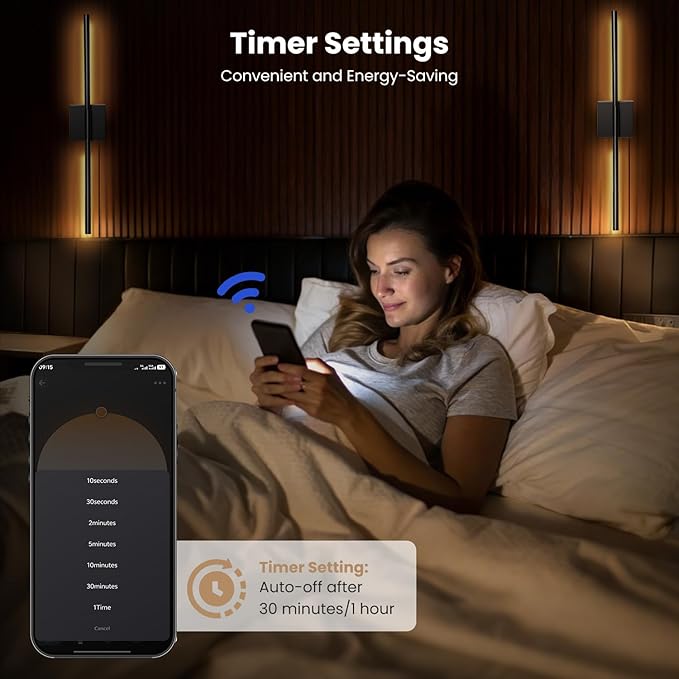Lichaser Plug-in Black Wall Sconces for Acoustic Wood Panels, WiFi LED Sconce Lights Compatible with Alexa and Smart App, 3000K-6500K Color Temperature Adjustment, for Slat Wall Panels (Set of 2)