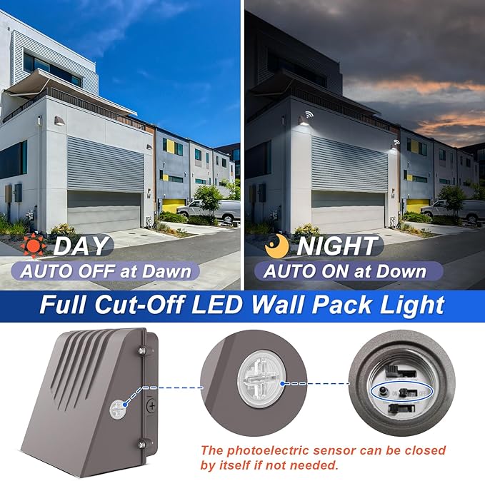 LED Full Cut Off Wall Pack Light with Dusk to Dawn Photocell, 60/90/100/120W Wattage Selectable, 3CCT 3000K/4000K/5000K, IP65 Waterproof Dimmable Outdoor Wall Light, AC120-277V DLC UL Listed