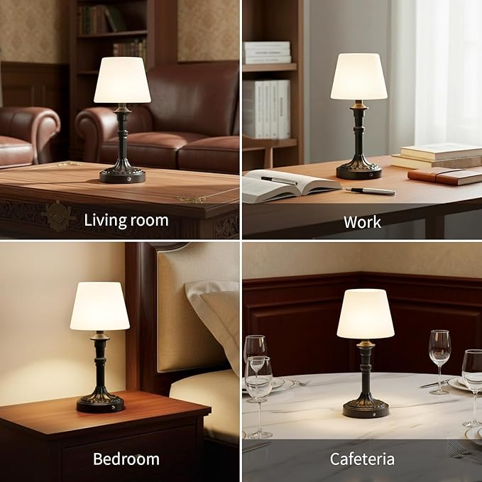 Cordless Table Lamp,Portable LED Desk Lamps,5200mAh Battery Operated, 3 Color Stepless Dimming Up,for Restaurant, Bedroom, Outdoor Camping, Coffee Shop, Night Light (Black)