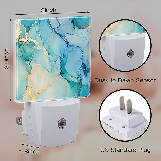 Teal Blue Gold Marble Night Light for Kids, Dusk-to-Dawn Auto Sensor Plug in Night Light, 0.5W Energy Saving Non-Toxic Design for Bedroom/Bathroom, Ideal Gifts for Women, Men & Kids