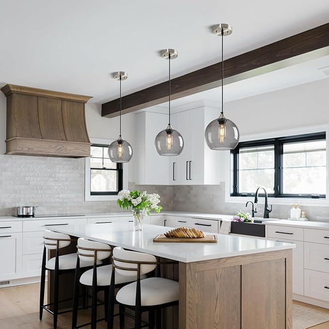 Light Grey Glass Pendant Lights Kitchen Island Lighting Globe Pendant Light Fixtures Modern Pendant Lighting for Bedroom Living Dining Room Light Fixture (7.87 in, 2 Pack)