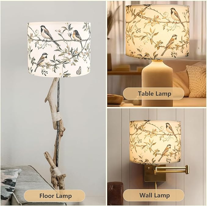 Fabric Linen Lamp Shade, Bird and Branch Pattern Lampshade, Unique Lamp Shades for Floor Lamps fit with Spider/Uno, 13x13x10inch Drum Lampshades for Table Lamp/Pendant (1Pack/Easy Assemble)
