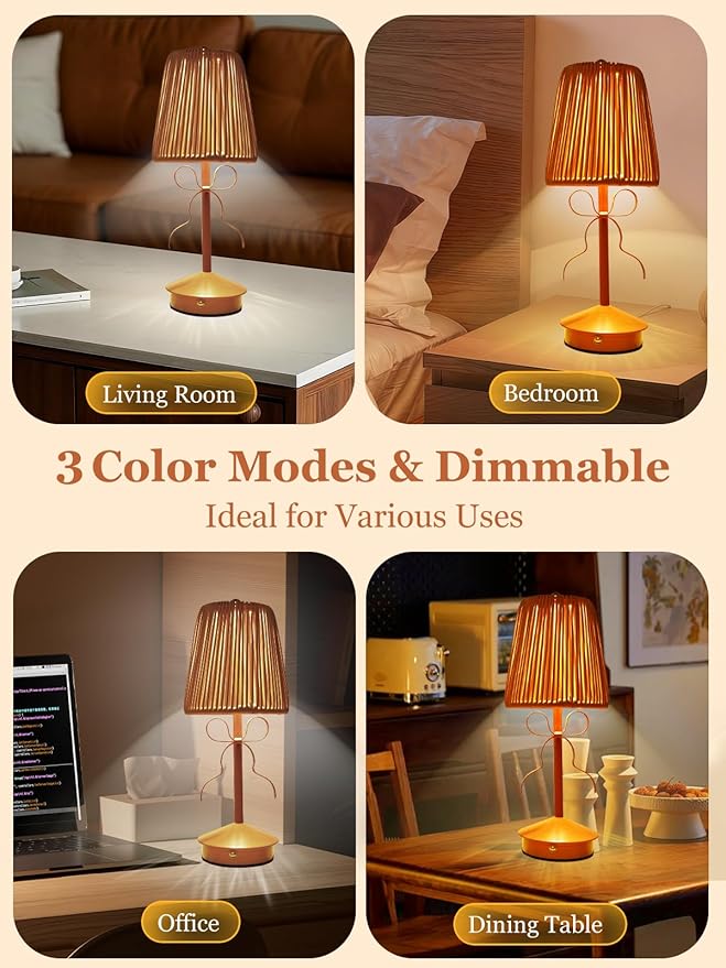 Boho Bow Rattan Table Lamp, Cordless Wicker Woven Vintage Table Lamp - LED Rechargeable Touch Control 3 Color Dimmable Reading Bedside Lamp for Bedroom Living Room Office, Home Outdoor Decor