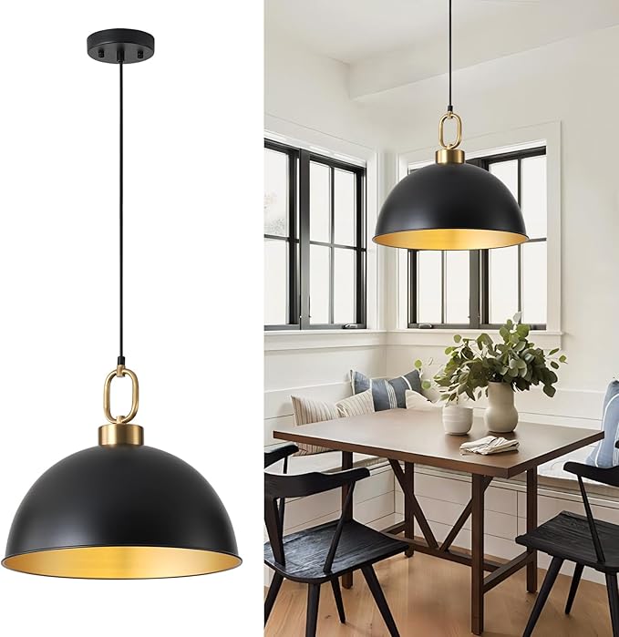 16.1" Large Farmhouse Pendant Lights Kitchen Island, Industrial Dome Pendant Light Fixture, Matte Black with Gold Handle Adjustable Height Hanging Island Light for Dining Room,Kitchen,Cafe