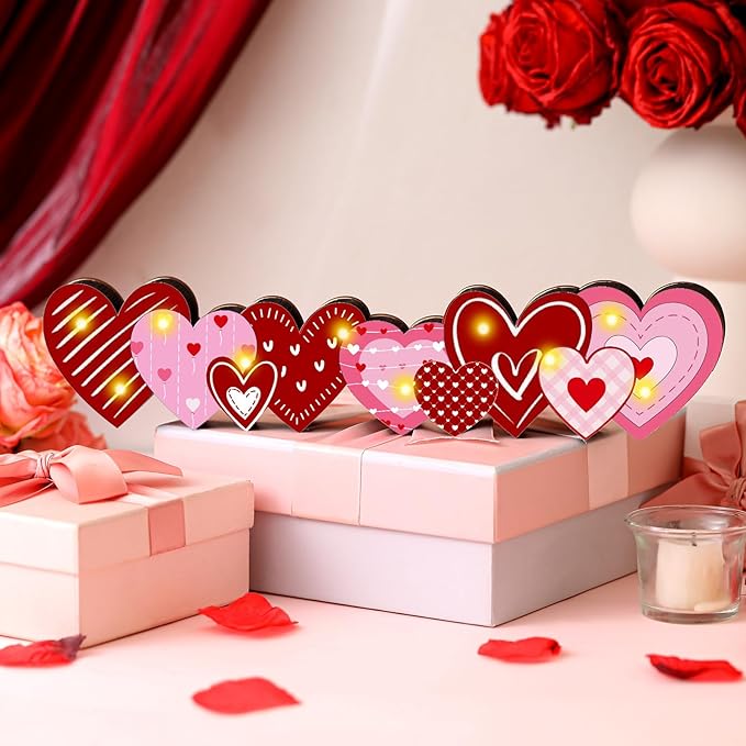 Yousoontic Valentines Day Heart Decor Table Centerpieces Valentines Wooden Heart Sign Decorations with LED Lights 3D Block Pink Red Love Romantic Decor for Home Mantel Desk Office Party Decorations