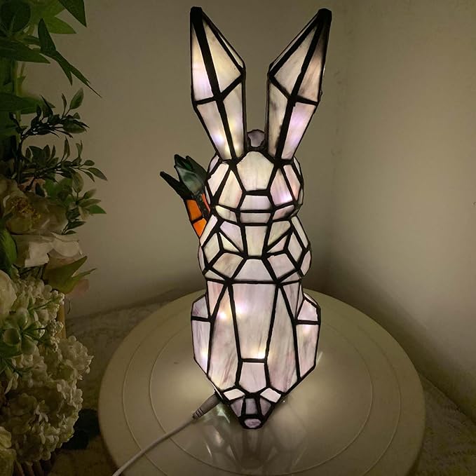 Bieye L10947 Bunny Holds Carrot Tiffany Style Stained Glass Accent Table Lamp for Easter Decor (Purple)