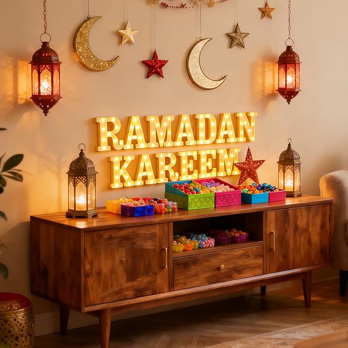 13 Pcs Ramadan Kareem Large LED Letter Sign Ramadan Kareem Lights Battery Powered Table Decorations for Room Bedroom Home House Party Gift Tabletop Decorations