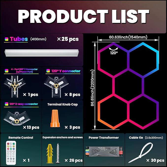 RGB Hexagon LED Light 5-Grid | Hexagon Garage Lights | 356 Color Modes | Music Sync | Smart App & Remote Control | Gaming Room Garage Bedroom Lighting