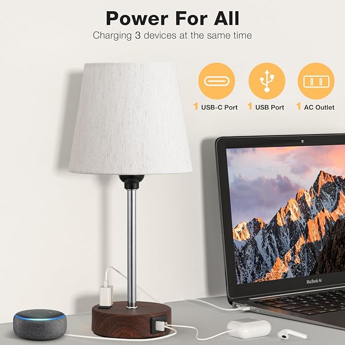 Acaxin Reddish Brown Bedside Lamps Set of 2 - Nightstand Bedroom Lamp with USB C Port and AC Outlet Charging, 3 Way Dimmable Touch Control Small Bed Side Table Lamp, Nightstand Light