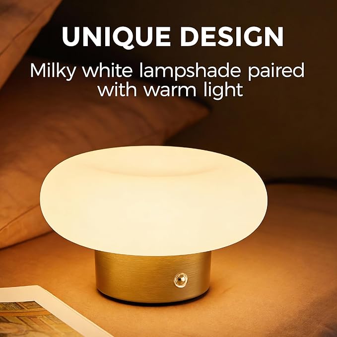 Cordless Table Lamp, Gold Rechargeable Battery Operated Lamp, Stepless Dimming Touch Lamp with Glass Lampshade for Bedroom, Living Room, Dining Table, Nightstand, Shelf Decor