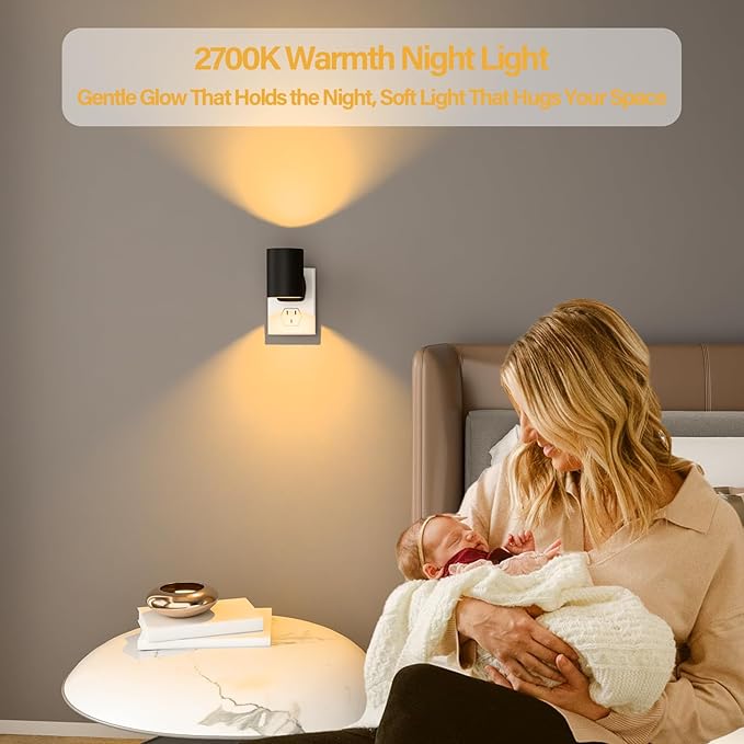 ETL Night Lights Plug into Wall 2700K,Warm White Modern Night Lights with Dusk to Dawn Light Sensor,20-40 LM Adjustable Brightness Nightlight for Hallway Bedroom, 2 Pack