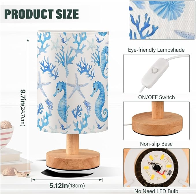 Nautical Seahorses Starfish Coral Blue Bedside Table Lamps with USB Port for Bedroom LampSmall Nightstand Lamp Sturdy Linen Shade Wooden Base Decorative Lamps for Nursery Kids Reading Dorm Home