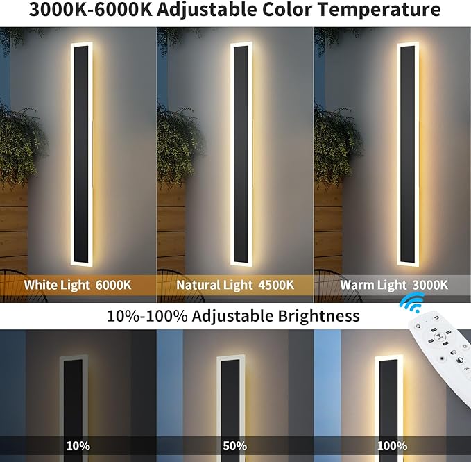 2 Pack 70.8 inch Modern Led Outdoor Wall Light, 3000K-6000K 10%-100% Dimmable Lights for Outside, IP65 Waterproof Wall Sconce Light with Remote Control for Porch,Hallway, Garage,Patio,Stairway,Yard