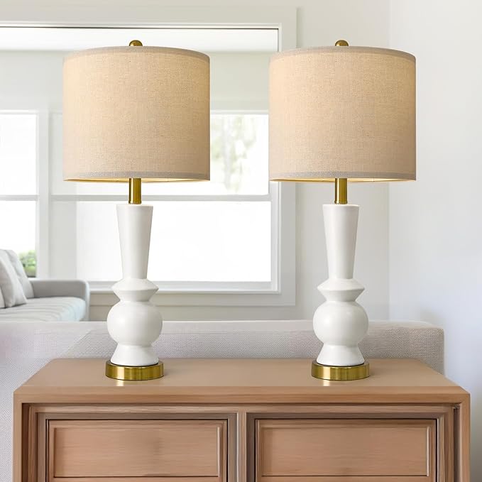 PORTRES 27" Modern Ceramic Table Lamp Set of 2 for Living Room White & Gold Bedside Lamps for Bedroom Nightstand Lamp Tall End Table Lamps