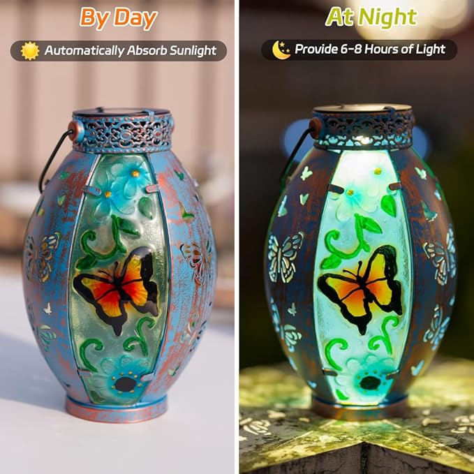 Butterfly Hanging Solar Lantern Outdoor Garden Decor, Butterfly Lantern Memorial Gardening Gifts for Mom Grandma, Solar Lights for Outside Waterproof Table Decor