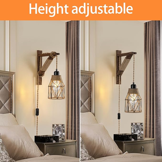 SEEBLEN Plug in Wall Sconces Set of 2,Farmhouse Hanging Lamps That Plug into Wall Outlet, Rustic Metal Cage Sconce with Wooden Bracket for Bedroom Living Room Headboard.