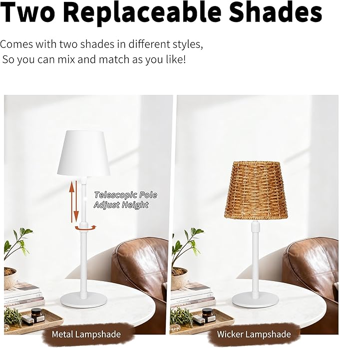 Mr.White Outdoor Waterproof Rechargeable Cordless Table Lamp with Telescopic Pole & Wicker Shade, 5200mAh Battery Operated Table Light with Touch Control, for Patio Restaurant Kitchen (White 2 Pack)