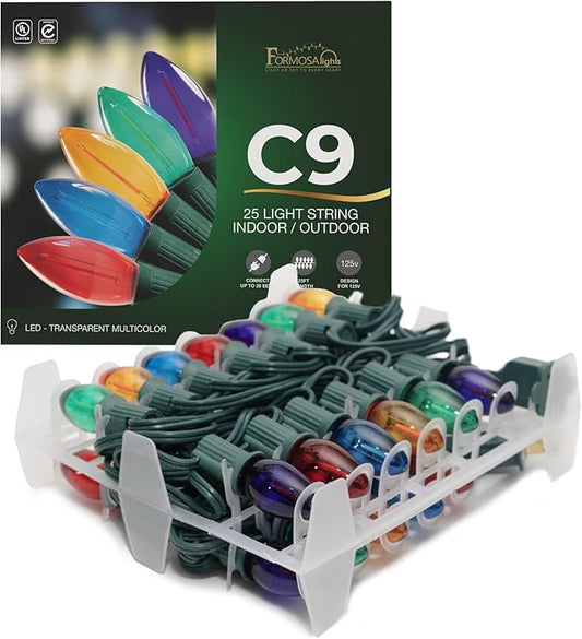 C9 26ft Indoor/Outdoor Transparent Multicolor LED Christmas String Lights with 25 Bulbs and E17 Base | 120V, 0.6W
