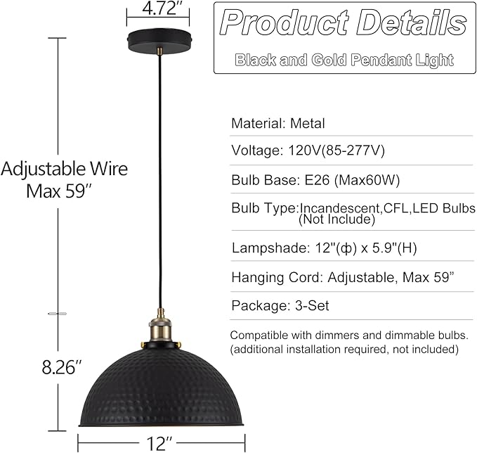 12" Industrial Black Gold Pendant Lights Vintage Dome Pendant Light Fixtures with Golden Finish Rustic Farmhouse Black Pendant Lights for Kitchen Island, Dining Room, Bedroom