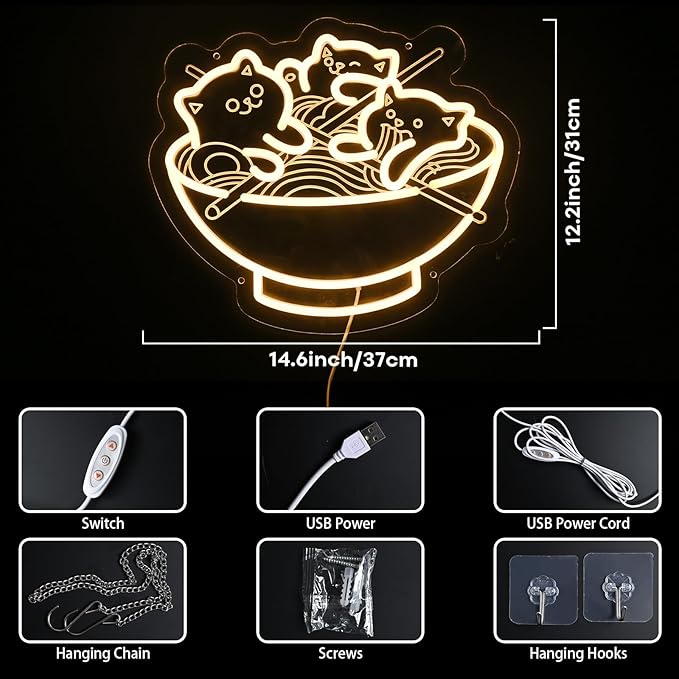 Ramen Cat Neon Sign, Warm White Cat Noodles Led Sign for Baby Girls Room, Dimmable Noodle Cat Light Up Neon Signs for Wall Decor Resturant Home Bar Kitchen Dinning Bedroom Art Decor Christmas Gifts