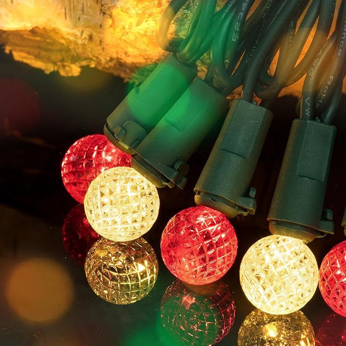 BOHON Christmas Lights Outdoor Faceted G15 50 LED 17ft Plug in Mini Globe String Lights Waterproof Extendable Green Wire for Indoor Patio Xmas Thanksgiving Tree Decoration Red and Warm White