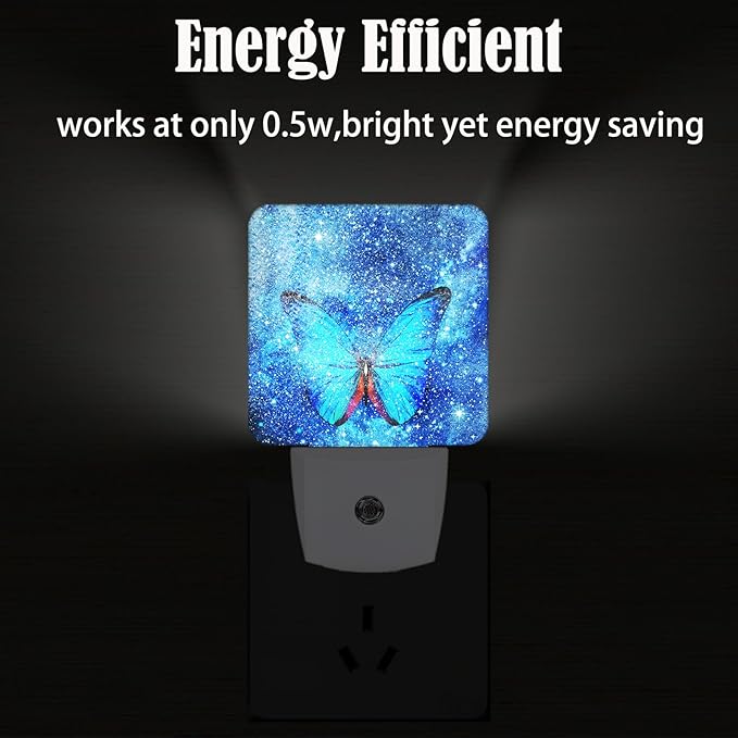 Stars Shining and Blue Butterflies Night Light,Plug-in Night Lights with Dusk-to-Dawn Sensor for Stairway,Hallway,Bedroom Sleep Friendly Ideal for Women/Girls/Boys Gift,0.5w