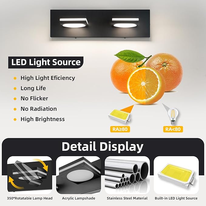 OKELI 2-Light LED Bathroom Vanity Light Fixtures, Matte Black Modern Bathroom Wall Lighting Fixtures Over Mirror (3CCT, 3000K-6000K)