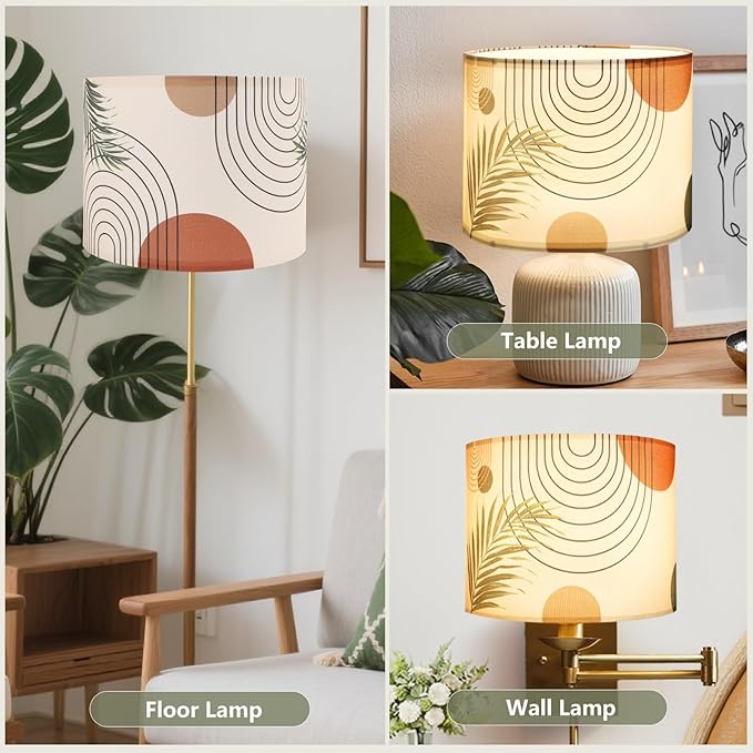 Fabric Linen Lamp Shade, Boho Lampshade with Tropical Plant and Line Pattern, 13x10inch Lamp Shades for Floor Lamps fit with Spider/Uno, Drum Lampshades for Table Lamp/Pendant (Easy Assemble)