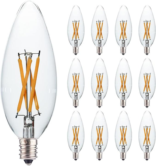 12 pcs C32 Candle Filament LED Bulb, Soft Warm White Light 4W Equals 25w-40W, E12 Candelabra Base Edison Bulb, Clear Glass Light Bulb for Pendant Chandelier Ceiling Fan