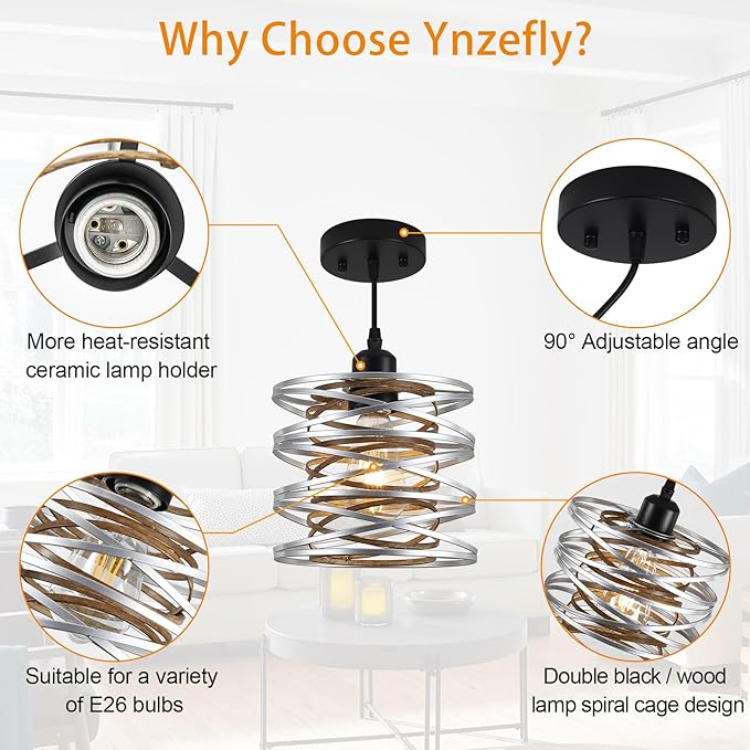 Pendant Lights Kitchen Island, Kitchen Hanging Light Fixtures Wood Grain Metal Lighting for Dining Room Bedroom Bar Office Entryway Hallway, Industrial Silver, 1 Pack
