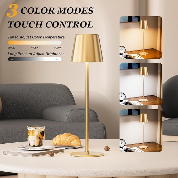 Kakanuo Cordless Table Lamp Rechargeable Gold - KK 4 Pack Battery Operated Lamp for Dining Table, 3 Color Stepless Dimming Waterproof LED Wireless Lamp for Counter, Outdoor Patio, Touch Control