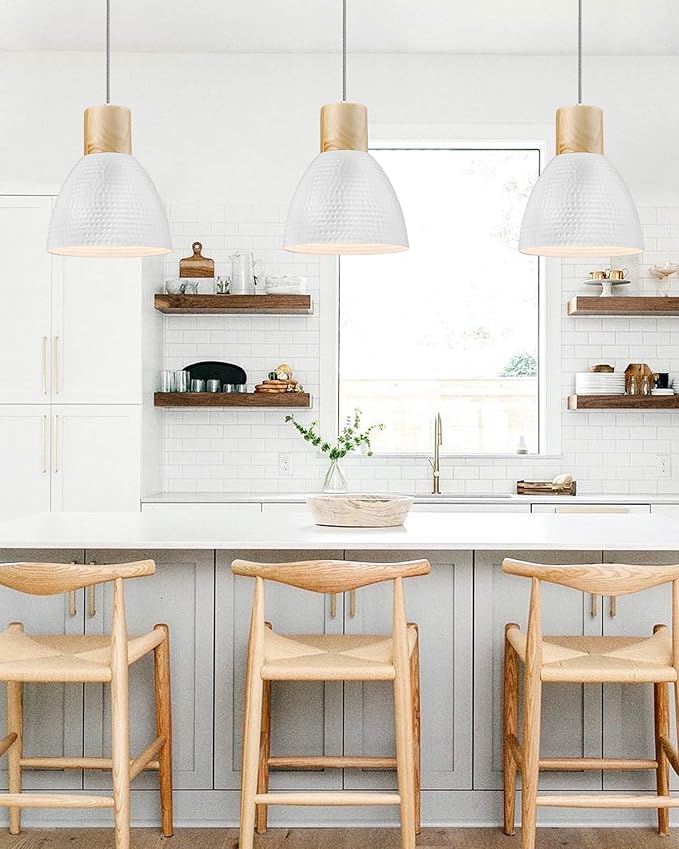 ELYONA 10.2” Hammered Pendant Light Fixtures, Metal & Rubber Wood Island Hanging Lamp, Adjustable Height, Modern Pendant Lighting for Kitchen,Farmhouse Bar,Dining Room,Bedroom, Nordic White