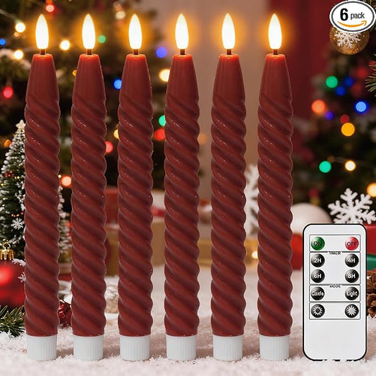 Red Flameless Taper Candles Flickering with Remote Timer, 3D Wick LED Spiral Candlesticks Battery Operated 6 Pack Real Wax Party Christmas Home Decor(0.78 X 9.8 Inchs)