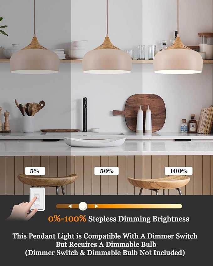 ELYONA 12 Inch Modern Pendant Light for Kitchen Island Farmhouse Hanging Lamp with Faux Pine Wood Grain Metal Shade, Adjustable Wabi Sabi Boho Ceiling Fixture for Dining Room Bedroom,Light Brown
