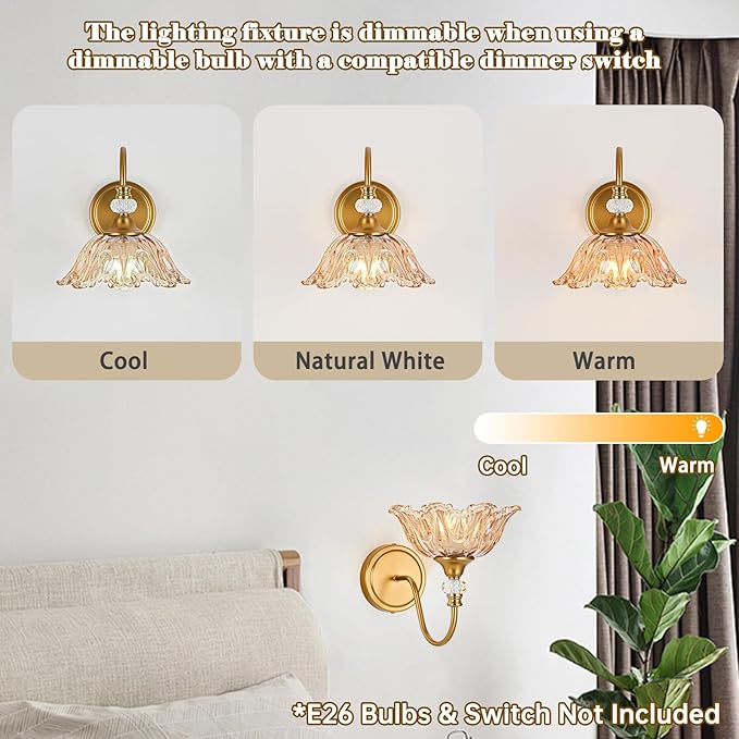 1 Piece Vintage Wall Sconce with Floral Amber Glass Shade, Matte Brass Finish Wall Sconce for Bathroom,Vintage Bathroom Vanity Light Fixture