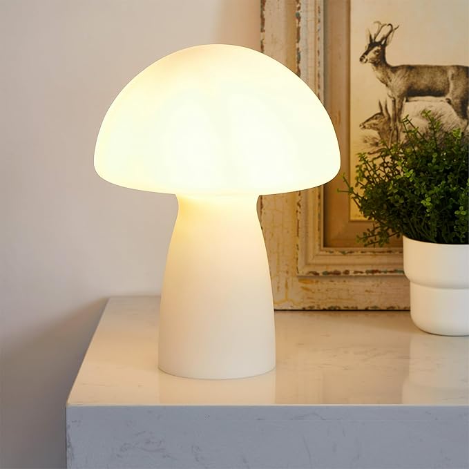 Urban Lifestyle White Matte Mushroom Lamp,12" Glass Novelty Table Light, Plug-in Retro Decor for Bedroom, Living Room, Dorm