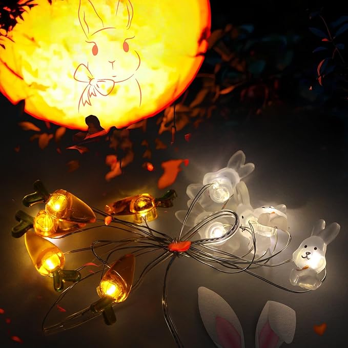 CUQI Easter Lights String, Easter Decoration Lights String Battery Operated 1M 10 LED Carrot Bunny Easter Egg Lights for Indoors Outdoor (2PCS)