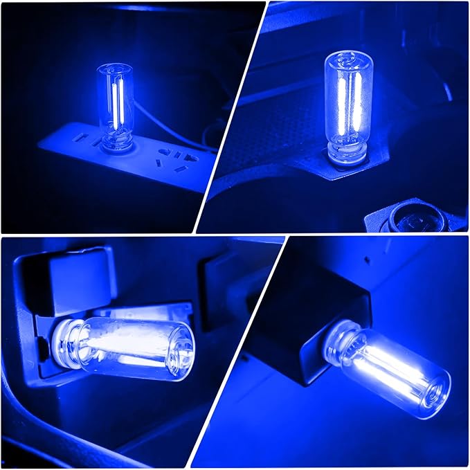 2 PCS Car USB Lights, Plug-in Retro Car Atmosphere Lamp with Touch Dimmable, Portable Mini Glass Bottle LED Bulb Night Lights for Vehicle Bedroom Hallway Camping Holiday Decoration (Blue)