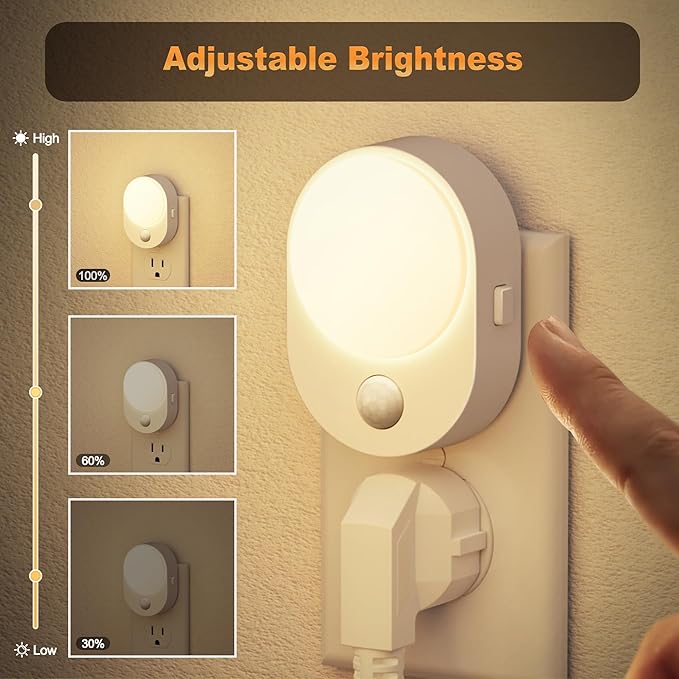 JandCase LED Motion Sensor Night Light, 2 Pack, Motion Activated Sensor Night Lights Plug into Wall, 3000K Warm White, Dimmable Nightlight with Dusk to Dawn Sensor for Kids Bathroom Hallway Bedroom