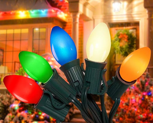 C7 LED Multicolor Christmas Lights Outdoor, 25Ft Vintage Christmas Lights String With 27 LED Ceramic Bulbs (2 Spare Bulbs), Hanging Light for Indoor Outdoor Xmas Tree Home Yard Party Decor, Green Wire